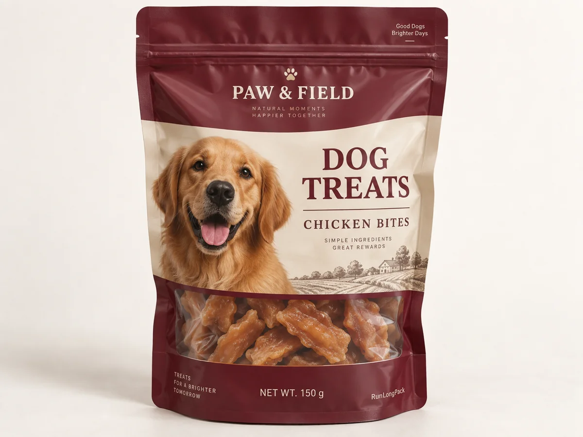 Burgundy and cream dog treat zipper pouch with printed English text and a clear window showing treats