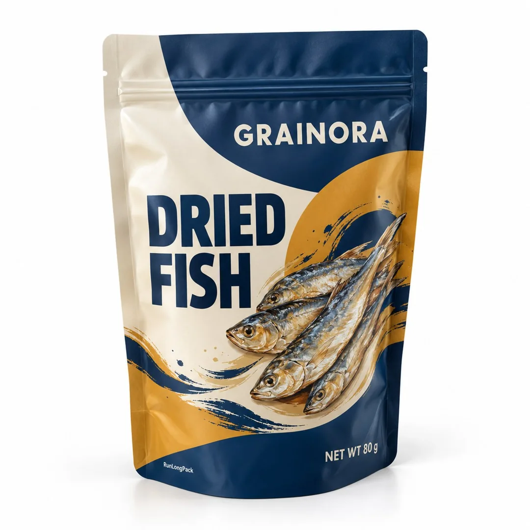 Navy, cream and ochre Grainora dried fish zipper pouch with dried fish artwork on the front