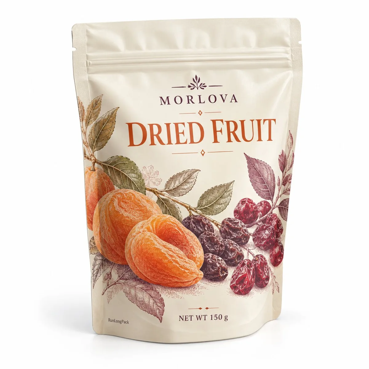 Cream Morlova dried fruit zipper pouch with botanical illustrations of dried apricots and raisins