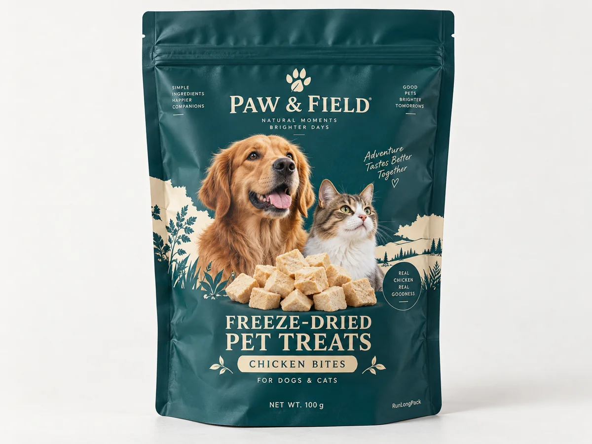 Teal zipper stand-up pouch printed with Freeze-Dried Pet Treats, dog and cat portraits and chicken bites artwork