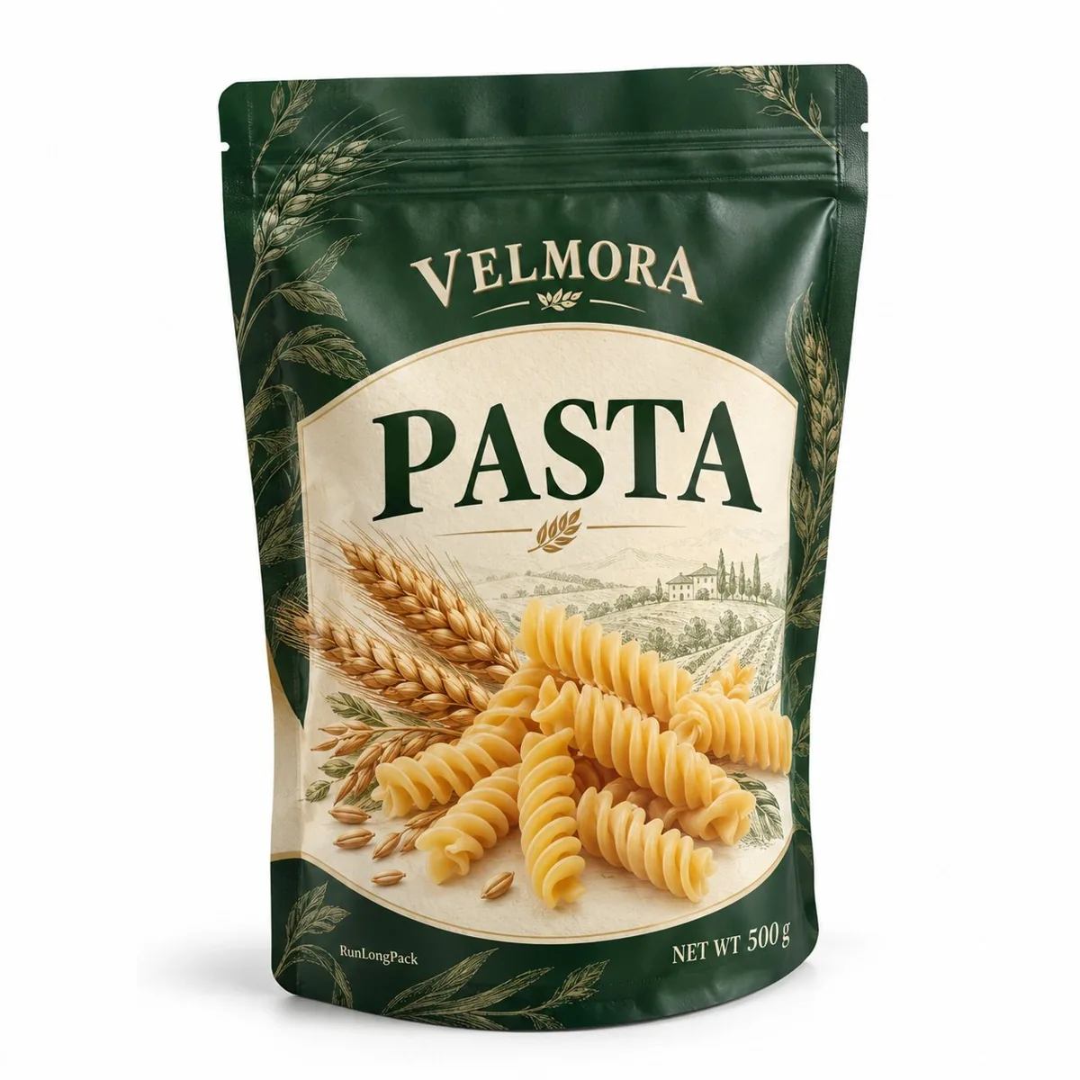 Forest-green Velmora pasta zipper pouch with printed fusilli and wheat artwork