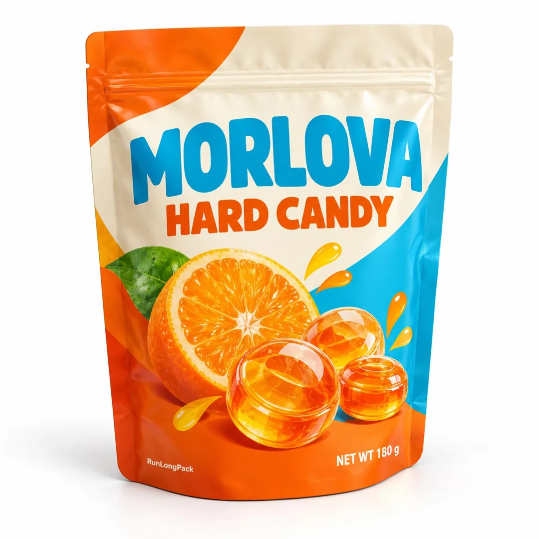 Cream, orange and blue stand-up zipper pouch with MORLOVA HARD CANDY text and printed orange hard candy artwork