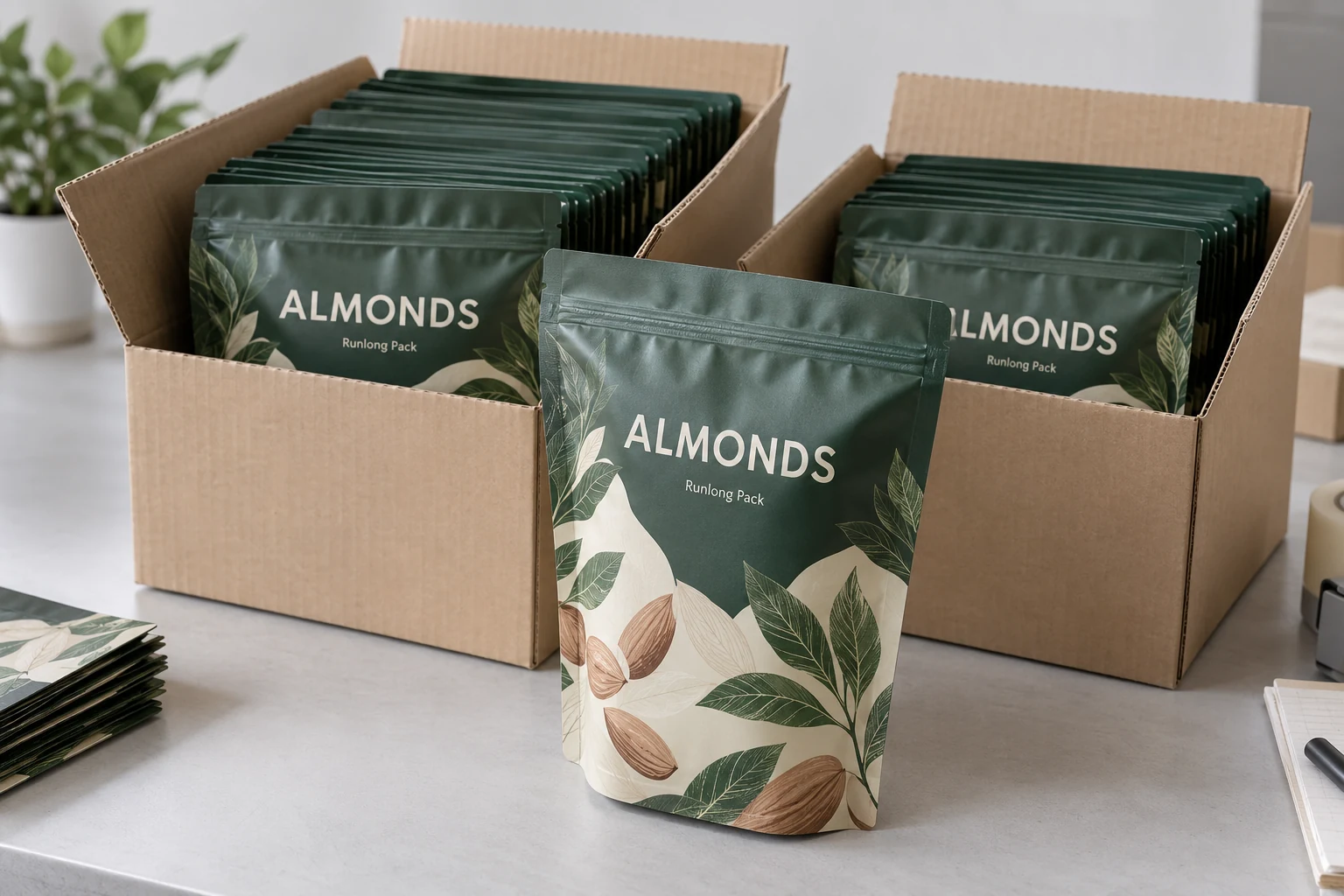 Green printed almond pouch sample with matching empty pouch stock in two open cartons