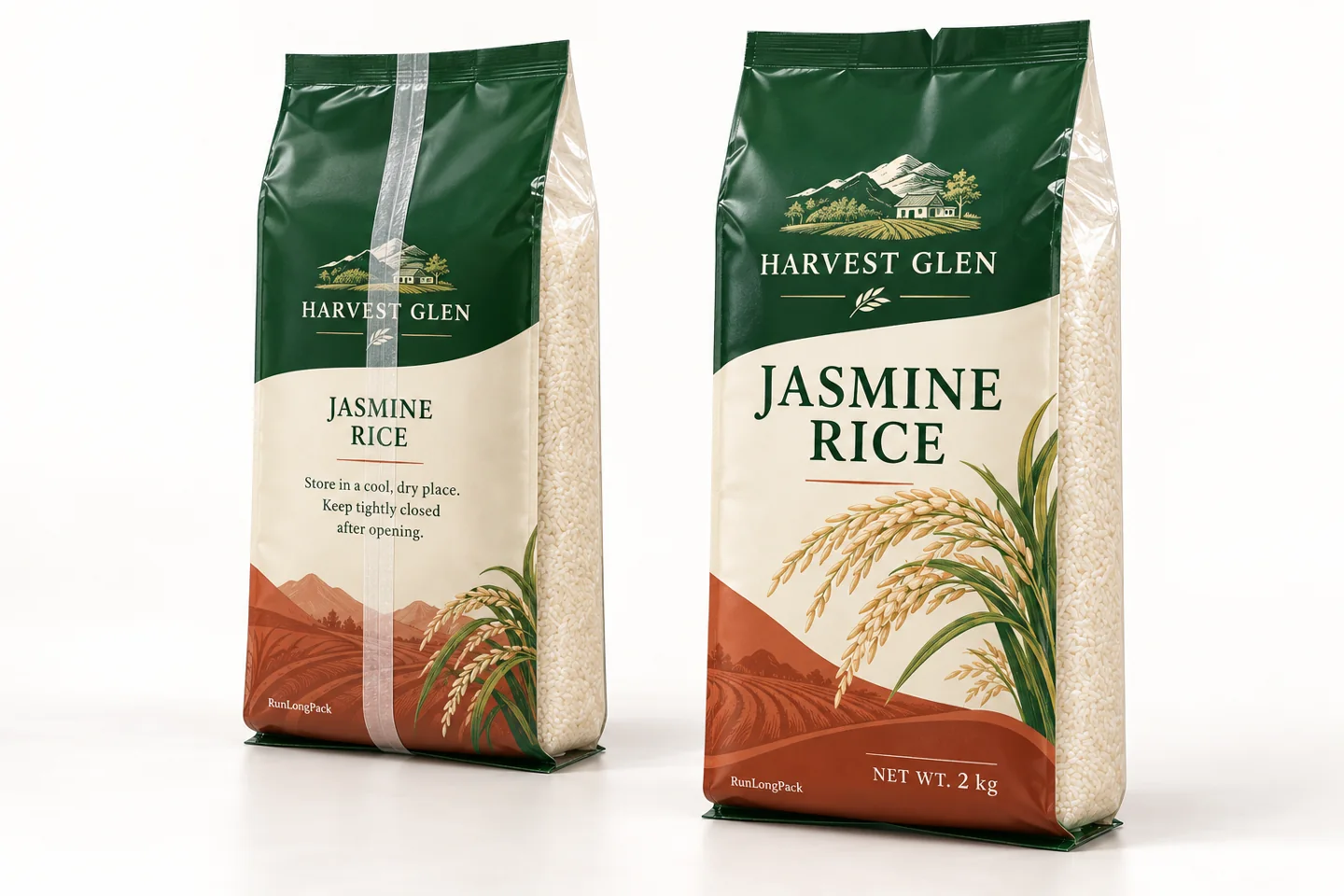 Front and rear views of a green, cream and terracotta jasmine rice side-gusset bag with clear side panels
