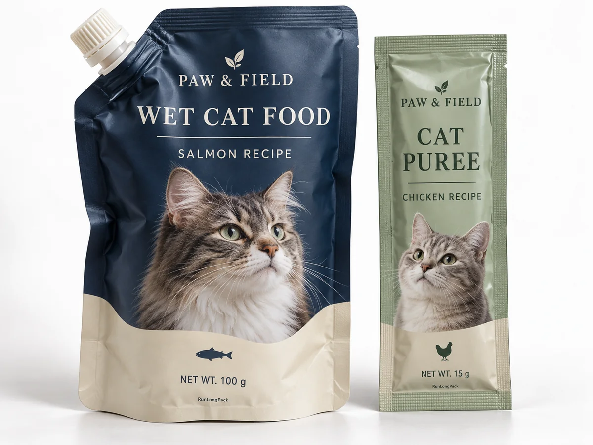 Navy wet cat food pouch with a capped corner spout beside a sage green printed cat puree sachet