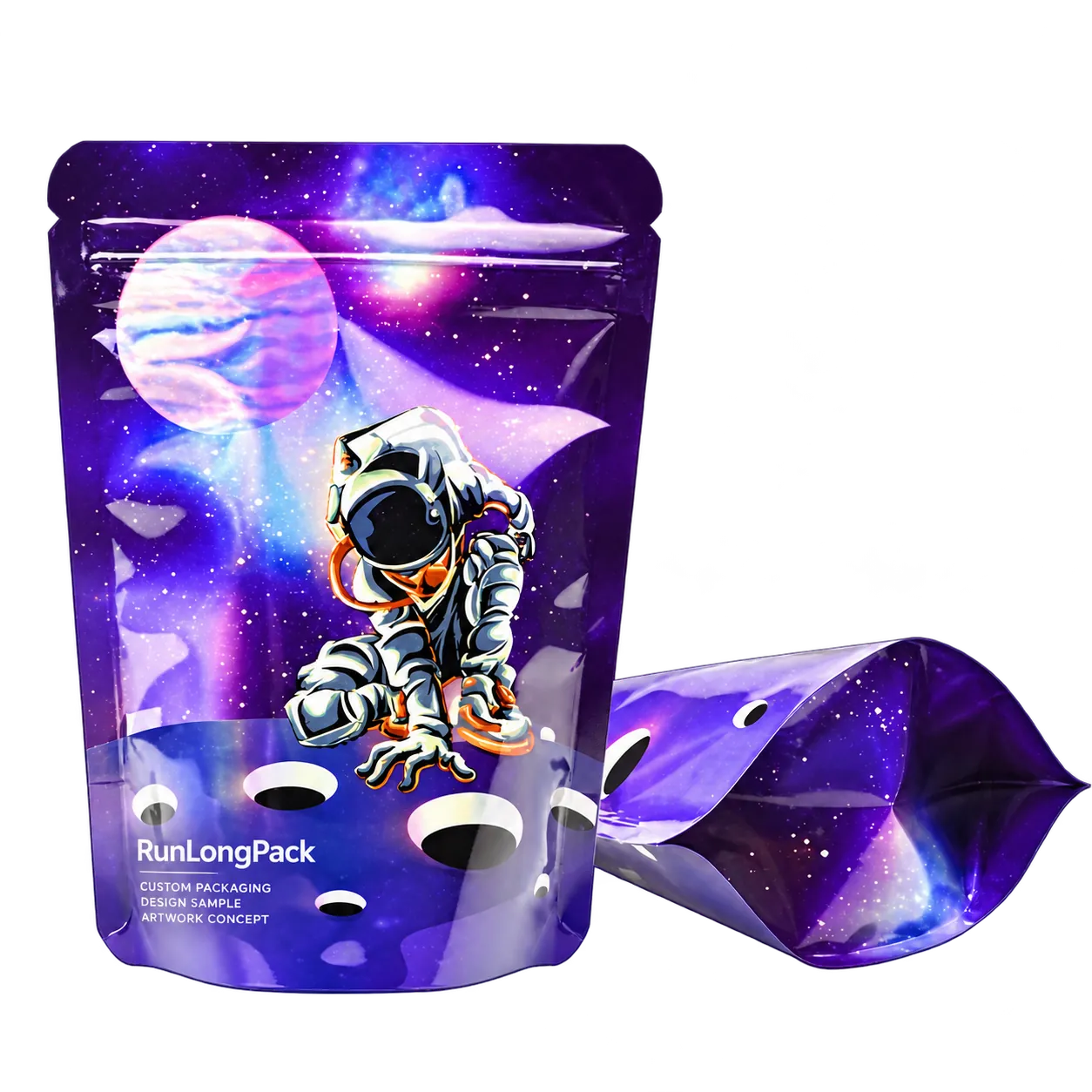 Purple space-themed pouch concepts with reflective-looking surfaces