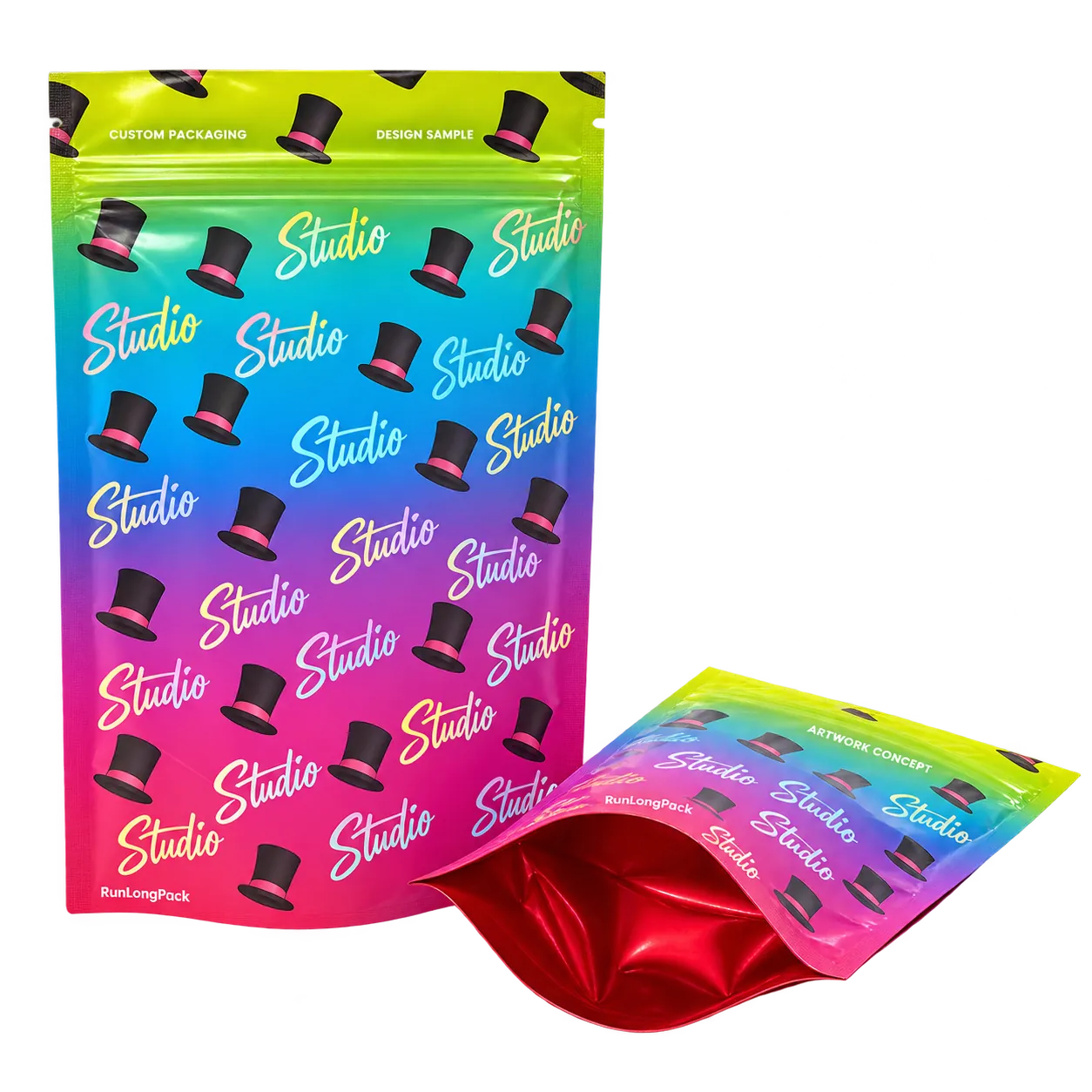Two pouch views showing a rainbow gradient and repeating top-hat pattern