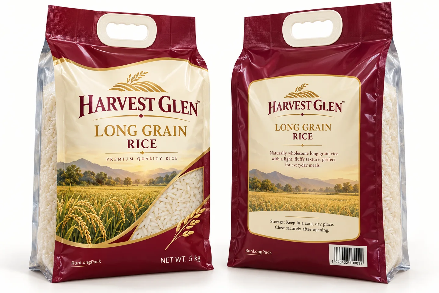 Front and back views of a burgundy and cream rice bag with reinforced carry handles and transparent side panels