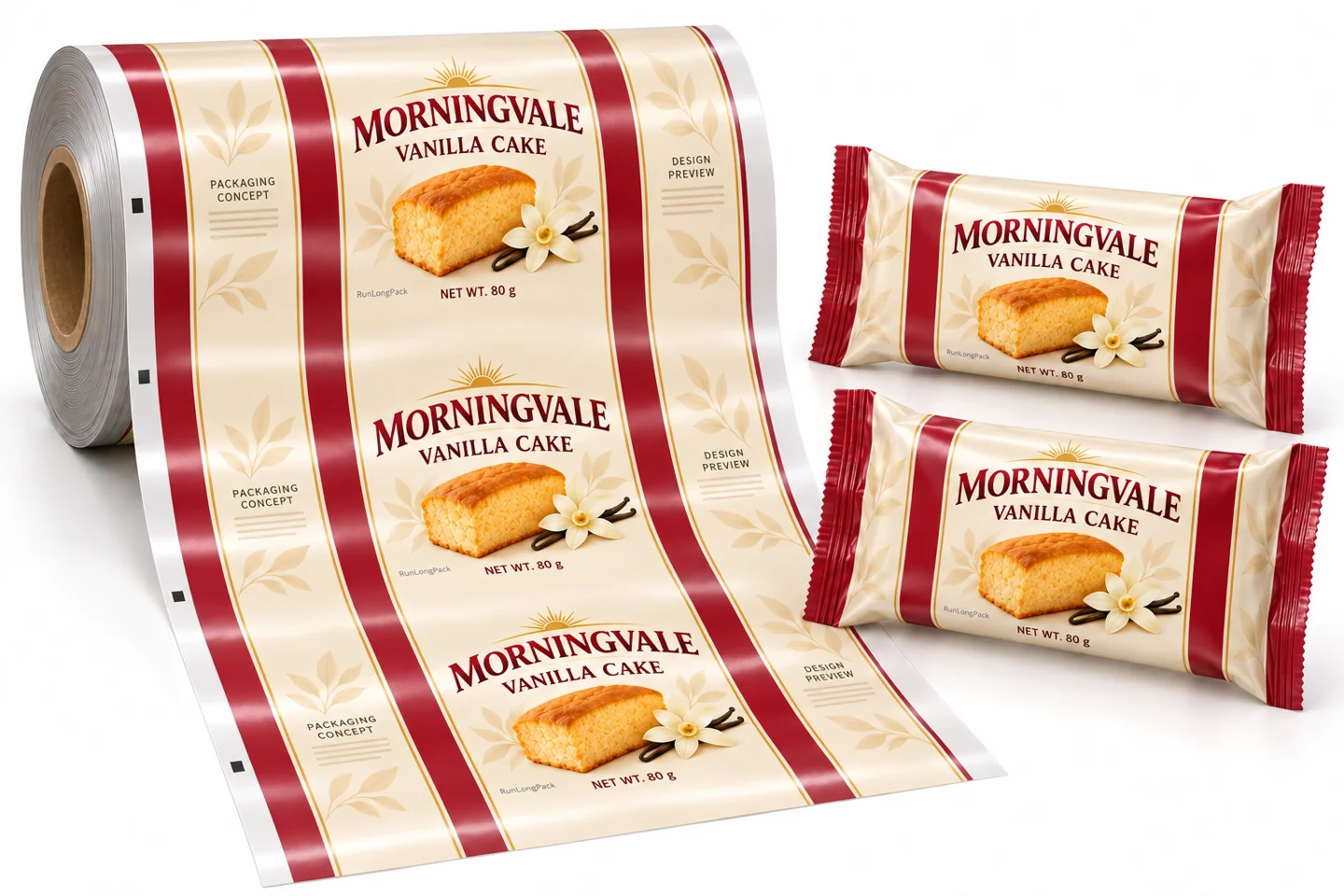 MORNINGVALE vanilla cake HFFS rollstock with central front and side back artwork beside matching horizontal flow-wrap packs