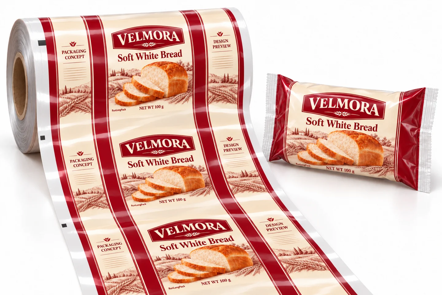 VELMORA soft white bread continuous HFFS film with front and back print areas beside a corresponding pillow wrapper