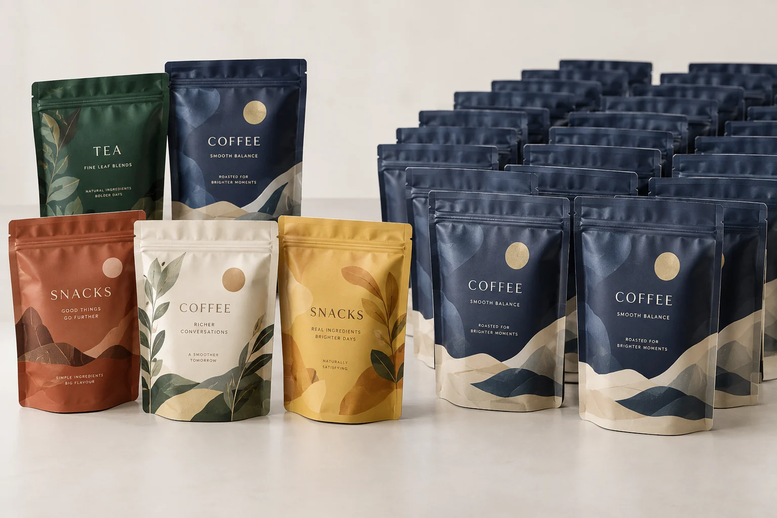 Small batch packaging vs large production packaging concept with five different pouch designs beside rows of identical navy coffee pouches