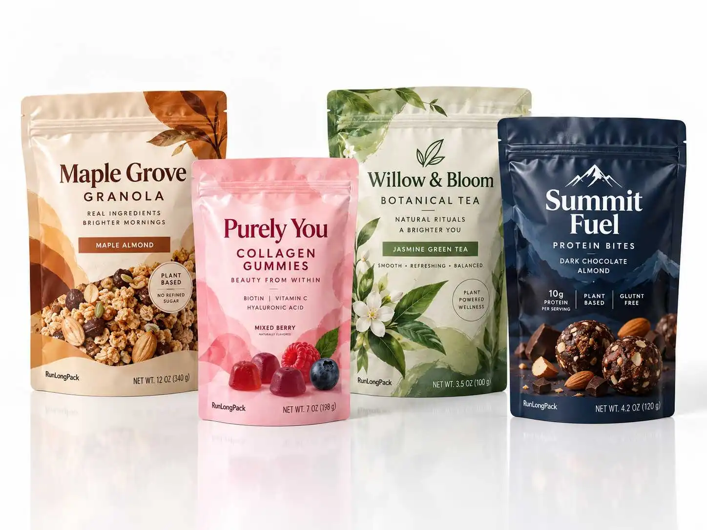 Custom printed pouch design concepts for granola, gummies, tea and protein snacks