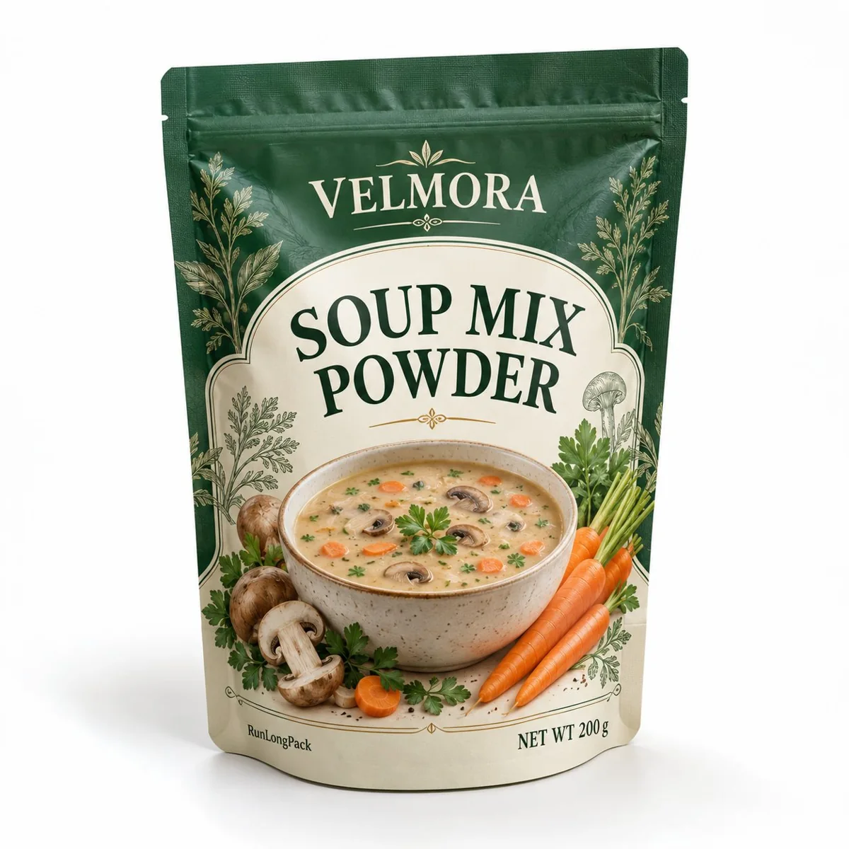 Forest green and cream VELMORA soup mix powder pouch with zipper and printed soup artwork