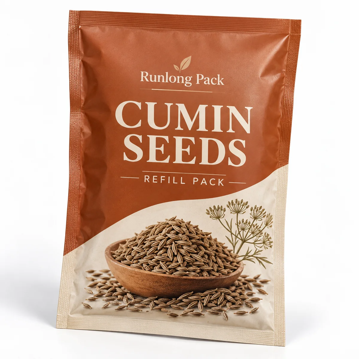 Terracotta and cream flat cumin seed refill pouch with sealed edges