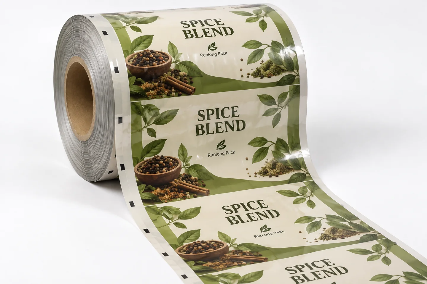 Printed spice blend film roll with a visible core and extended repeating artwork