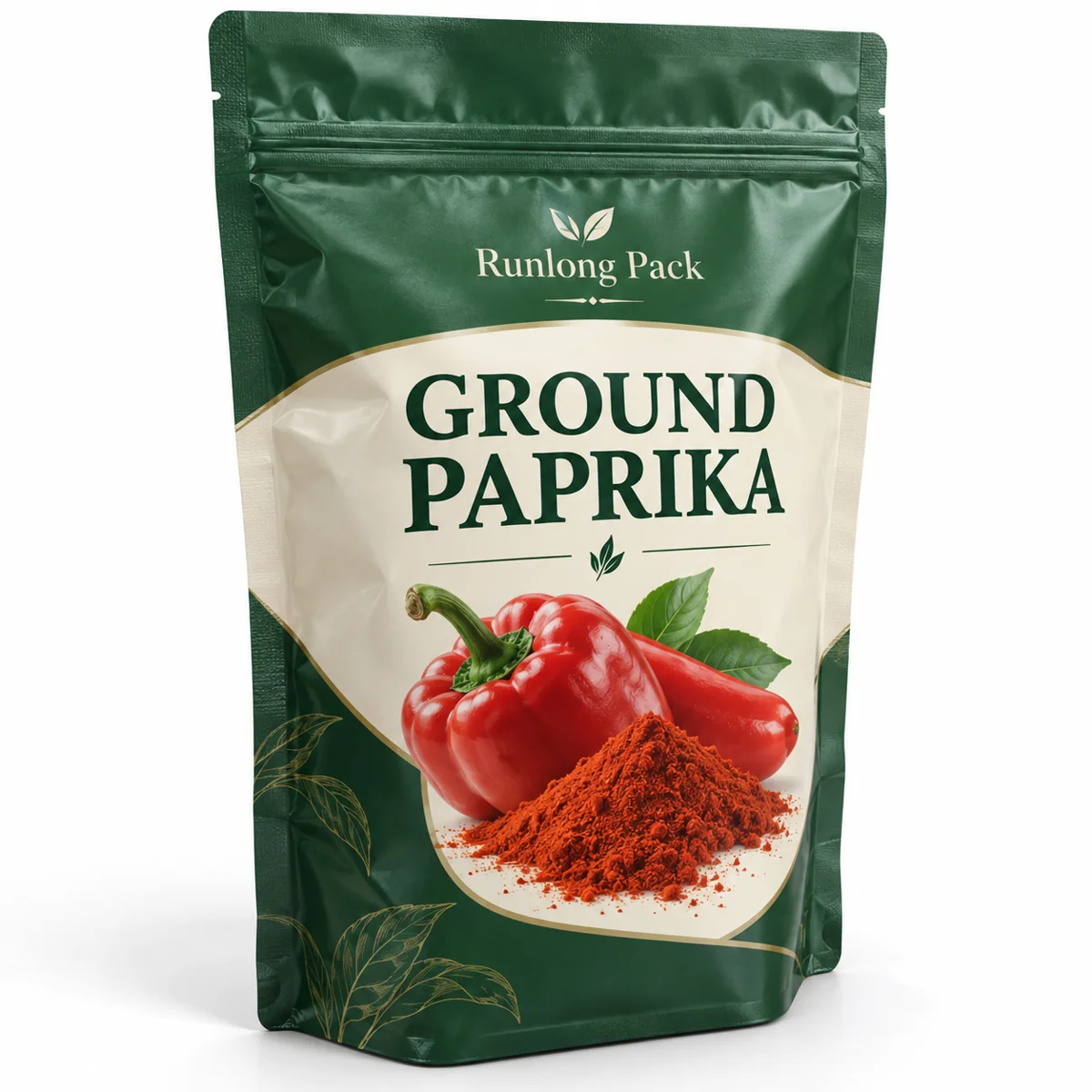 Green and cream ground paprika stand-up zipper pouch with printed Runlong Pack artwork