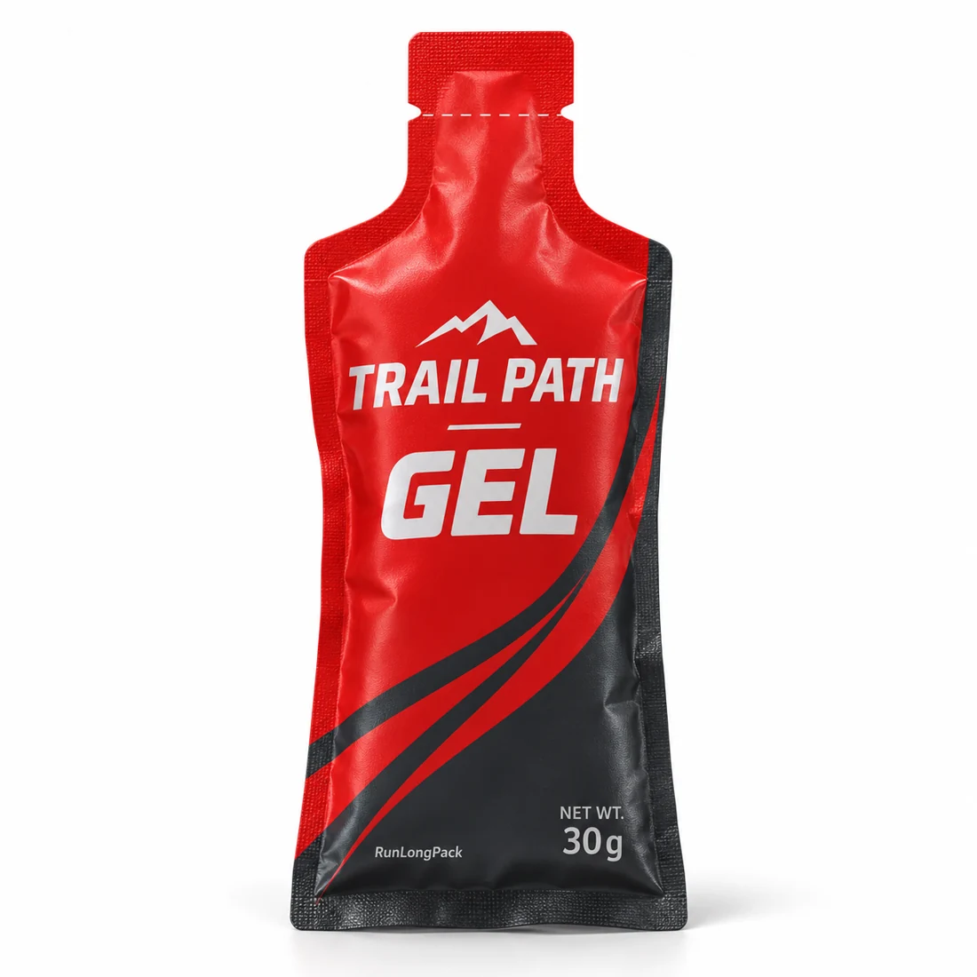 Red gel sachet with a narrow sealed film neck and no separate plastic spout or cap