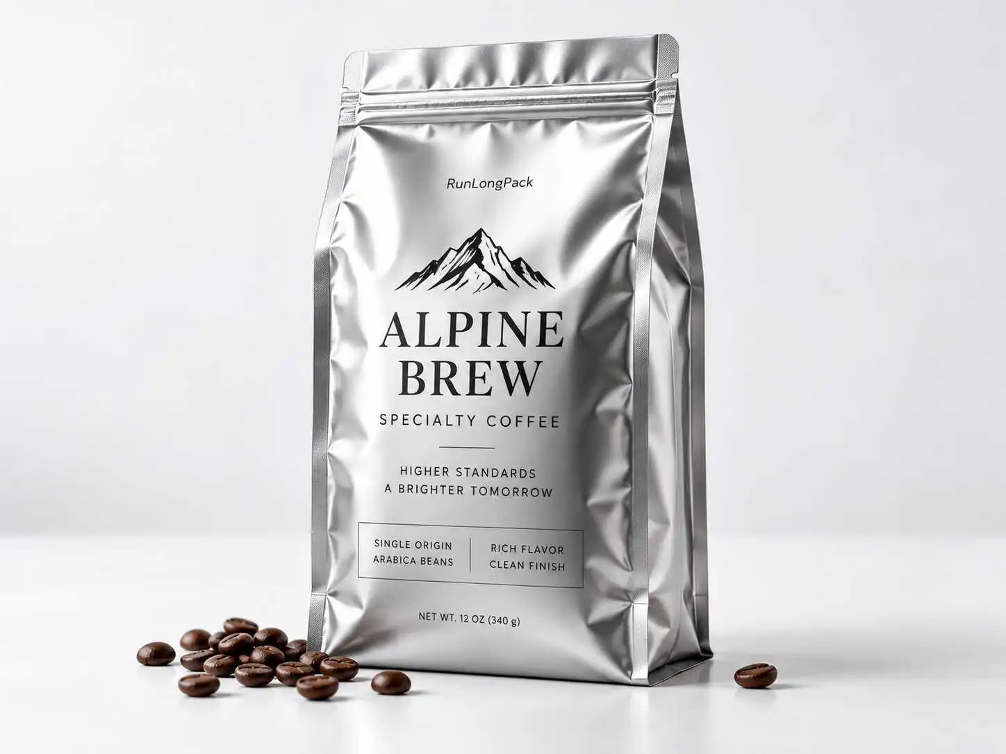 Silver coffee pouch concept for a metallized PET high-barrier packaging discussion